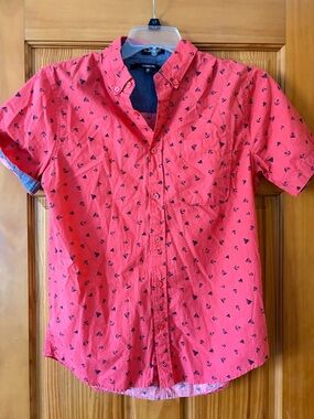 Carbon Red Short-Sleeve Button-Down Shirt with Anchor/Sailboat Print
